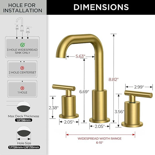 FORIOUS Bathroom Faucet 3 Hole Brushed Gold, 2 Handles 8 Inch Widespread Bathroom Sink Faucets, 360° Swivel Spout, with Pop Up Drain and Hoses, for Vanity Restroom RV Lavatory