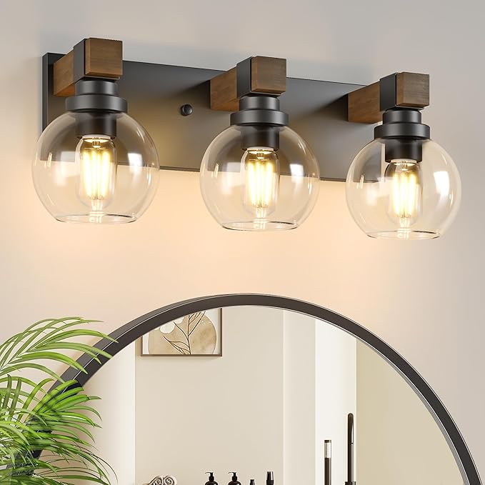 LmnLvn Farmhouse 3-Light Bathroom Vanity Light, Wood & Metal Glass Shade | Black Rustic Mount Fixture Over Mirror, Easy To Install, for Bathroom, Bedroom, Hallway & Living Room