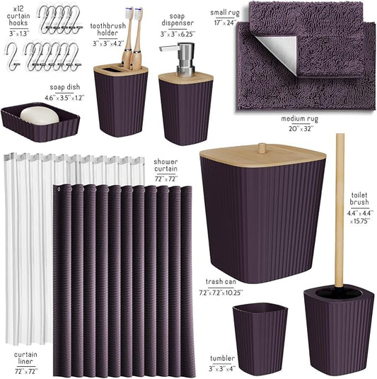 Clara Clark Purple Bathroom Set, Bathroom Sets with Shower Curtain and Rugs | 22 Piece Bathroom Accessories Set with Toothbrush Holder, Soap Dispenser, Soap Dish, Toilet Brush, and Bathroom Trash Can