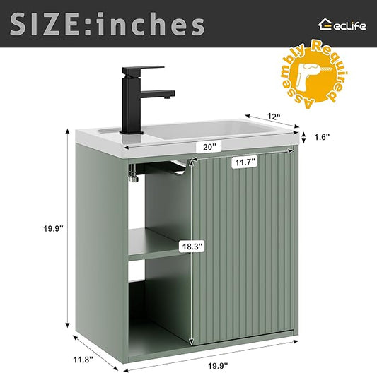 eclife 20" Floating Bathroom Vanity Sink Combo for Small Space, Wall-Mounted Guest Toilet Wash Basin Cabinet with Opening Shelf, Soft Closing Door, Gray Green Painted
