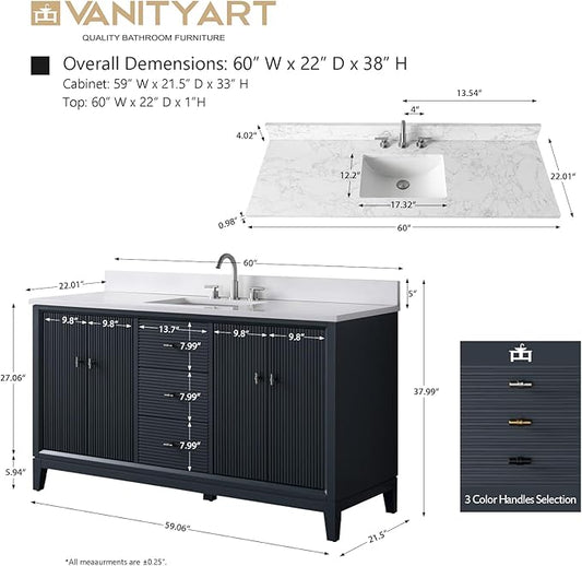 Vanity Art 60" Bathroom Vanity with Single Sink & Arabescato White Engineered Stone Top, Soft Closing Door, Solid Wood Frame, Golden Brushed Handles, Vintage Spruce Blue VA8160S-VSB-GB