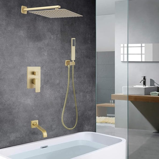 Brushed Gold Shower Faucet Set with Tub Spout Bathroom Rainfall 12 Inch Shower Head System with Handheld Single Handle Shower Trim Kit with Rough-in Valve