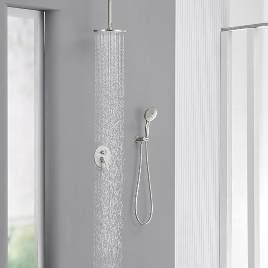 Iriber Shower System Ceiling Mounted Shower Faucet Mixer Set with Luxury High Pressure Shower head and 3-Setting Handheld, Bathroom Shower Trim Kit Contain Pressure Balance Valve,Brushed Nickel