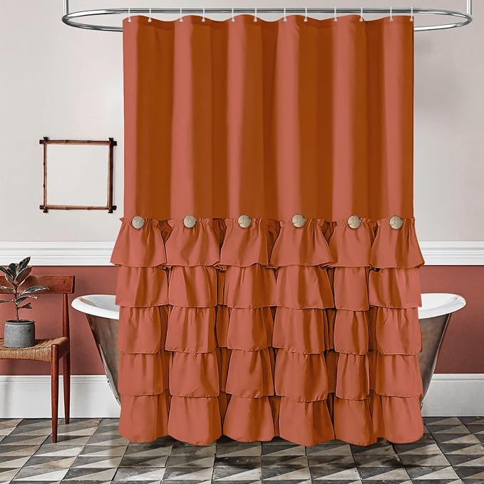 Seasonwood Orange Shower Curtain 72" W x 72" L,Dark Orange | Natural button accents, layered fabric tiers, shabby chic and French country styling for decorative bathroom updates