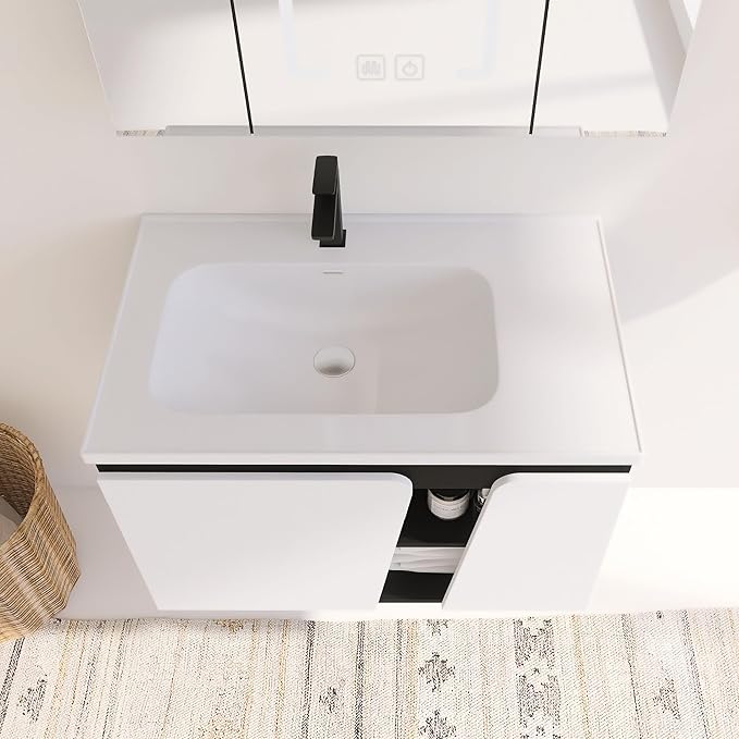 32 Inch Bathroom Vanity with Sink, 32" Floating Bathroom Vanity, Plywood Wooden Cabinet with Soft Close Doors, Modern Wall Mounted Cabinet Set, Ceramic Sink Included