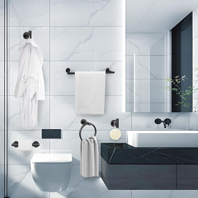 5 Piece Modern Style Wall Mounted Bathroom Hardware Set | #304 Stainless Steel, 24" Towel Bar Mount, Towel Rings, 2 Pillar Toilet Paper Holder, Bathrobe Hook (Matt Black)