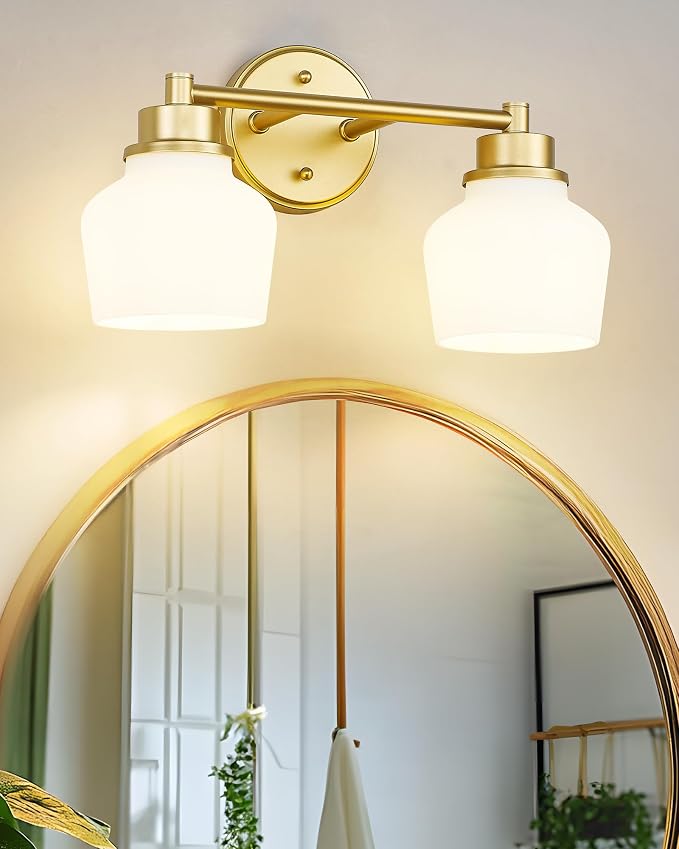 Emak Modern Gold Bathroom Light Fixtures, 2-Light Vanity Lights with Milk Glass Shade for Bathroom, Mirror, VL122-GD-ML-2