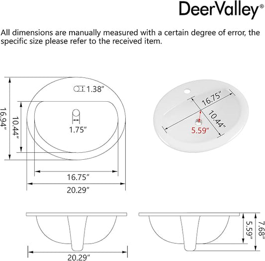 DeerValley Oval Drop-In Bathroom Sink 20x17 Inch, White Ceramic Vessel Basin with Overflow and Single Faucet Hole for Vanity Installation
