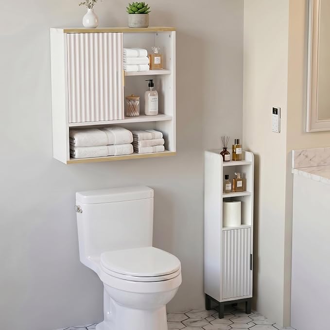 Bathroom Wall Cabinet Fluted,Medicine Cabinet Over Toilet Storage Cabinet | Fernitry Farmhouse Wall Mounted Storage Cabinet Organizerwith Adjustable Shelf, Wood White Gold 23.33''Wide