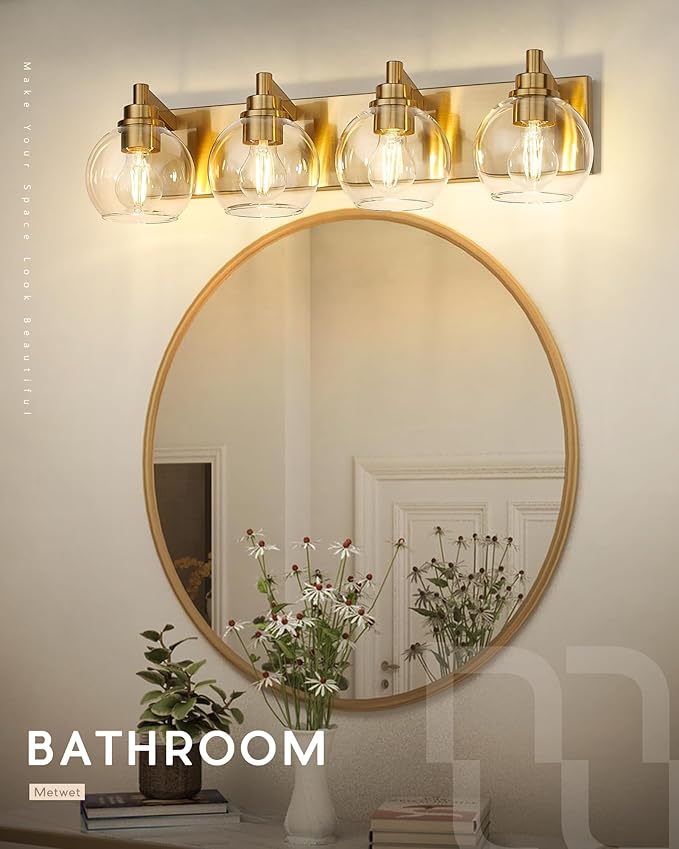 4-Light Brushed Gold Bathroom Vanity Light, Clear Glass Globe Shade | 26" modern bathroom light fixtures over mirror, E26 base, bulbs not included, VL195-BG-CL-4