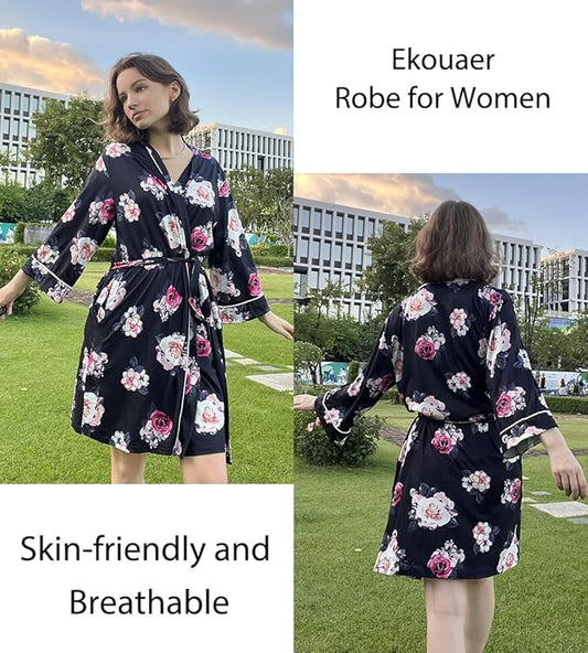 Ekouaer Women Kimono Robes Knee Length Knit Bathrobe Lightweight Soft Sleepwear V-neck Casual Ladies Loungewear