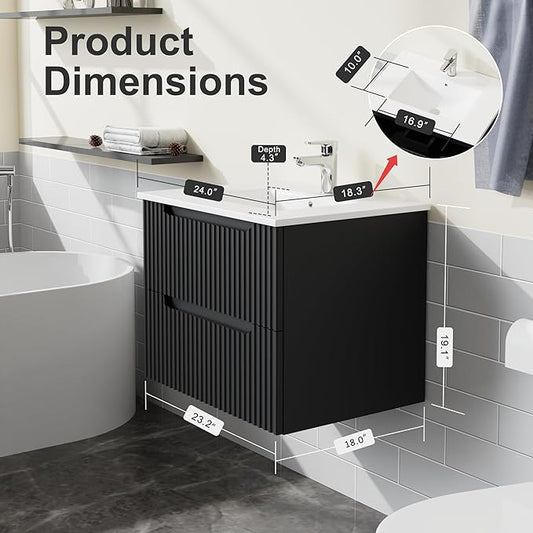24” Wall Mounted Bathroom Vanity with Sink Floating Bathroom Cabinet Sink Combo, Soft-Close System, 2 Extra Big Drawers, Black