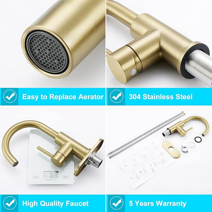 CREA Bar Sink Faucet Single Hole,Brushed Gold Faucets for Large Bathroom Basin/Small Kitchen Sink,Stainless Steel with Deck Plate,Prep Wet Bar Lavatory Vanity Outdoor