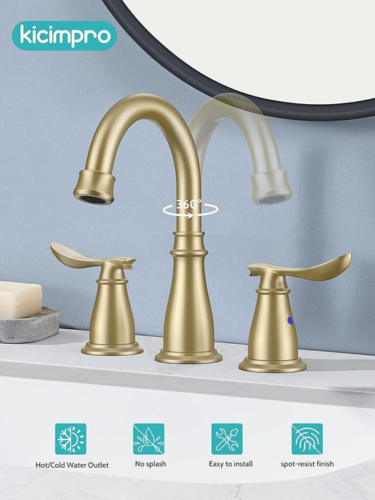 Brushed Gold Bathroom Faucet 3 Hole, 4 Inch Bathroom Sink Faucet with 2 Hot/Cold Handles, Pop-Up Drain, Lead-Free, No-Leak, RV Faucet for Bathroom Sink, Bath, Camper