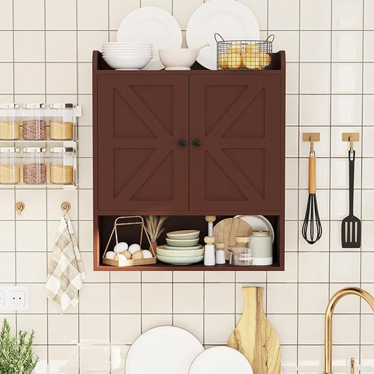 EasyCom 22" W x 26" H Bathroom Wall Cabinet, Farmhouse Medicine Cabinet with Adjustable Shelves and Double Barn Doors, Over The Toilet Storage Cabinet for Bathroom, Kitchen, Living Room, Russet
