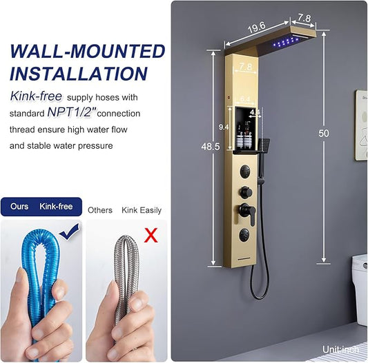 ROVATE LED Rainfall Waterfall Shower Panel Tower System with Shelf, Brushed Gold Shower Column Stainless Steel with Powerful Mist and Massage Body Jets, Handheld, Waterfall Tub Spout