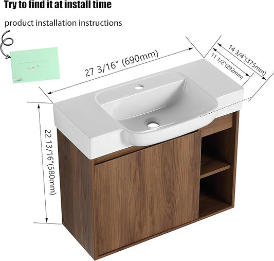 28 Inch Floating Vanity, 28" Bathroom Vanity with Sink, Single Sink Wall Mounted Vanity Combo, Modern Brown Bathroom Vanity Set with 1 Door