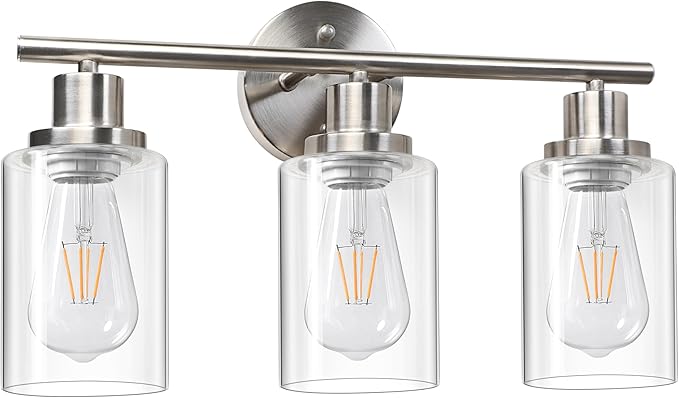 3 Light Vanity Lights, Brushed Nickel Wall Sconce Light with Clear Glass, Bathroom Light Fixtures, Wall Lights for Mirror, Living Room, Bedroom, Hallway, E26 Base (Bulbs Not Included)
