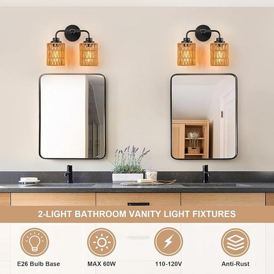 Bathroom Light Fixtures, Rustic 2-Light Vanity Lights Over Mirror Farmhouse Wall Mounted Light Natural Style Wall Lamp Boho Lighting Fixture Rattan Wall Sconce for Bedroom