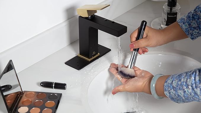 Black and Gold Bathroom Faucet, Brass Single Hole Bathroom Sink Faucet Single Handle with Drain Assembly, Deck Plate Included, BF307-GB