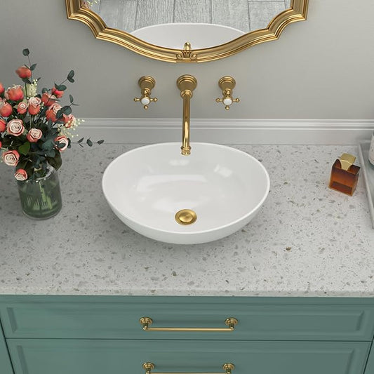 Oval Bathroom Vessel Sink | Beslend 16 x 13 inch Small Vessel Sink White Porcelain Ceramic RV Tiny Sink Above Counter Modern Egg Shape Art Sink