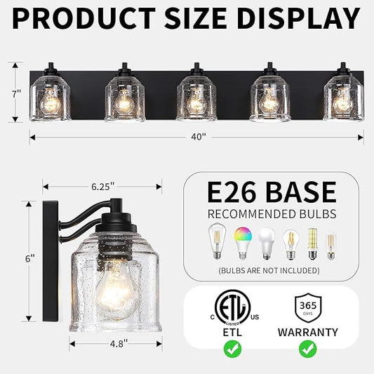 Vanity Lights for Bathroom Large 40", Farmhouse Rustic Vanity Light with Bubble Glass Shades, Black 5 Light Bathroom Lighting Fixtures Over Mirror, Bath Wall Sconce Home Decor