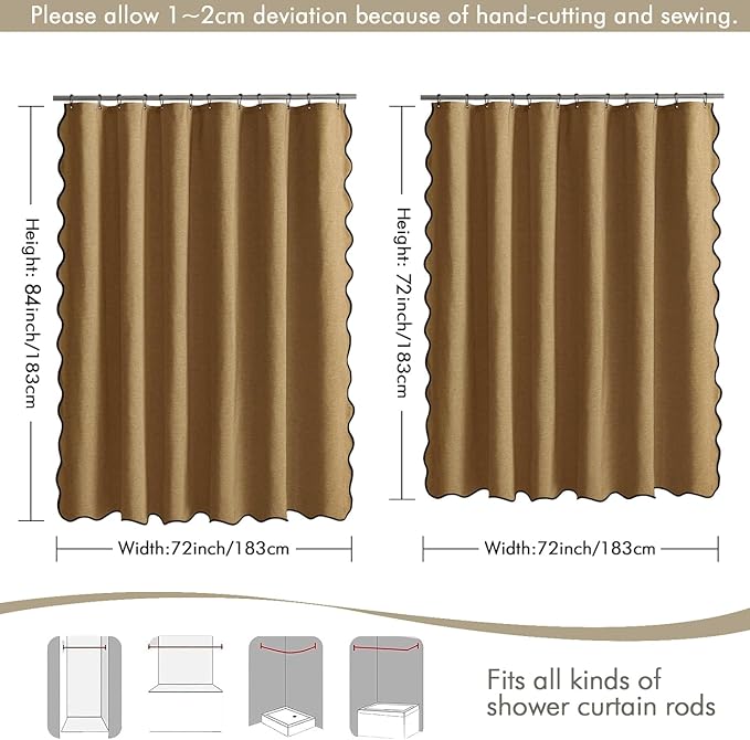 MIULEE Gold Brown Scalloped Linen Shower Curtain 72x72 Inches | Linen Textured, Waterproof, Washable, 12 Metal Hooks, Heavy Duty Cloth, Black Border, Shower Curtain for Bathroom Bathtub