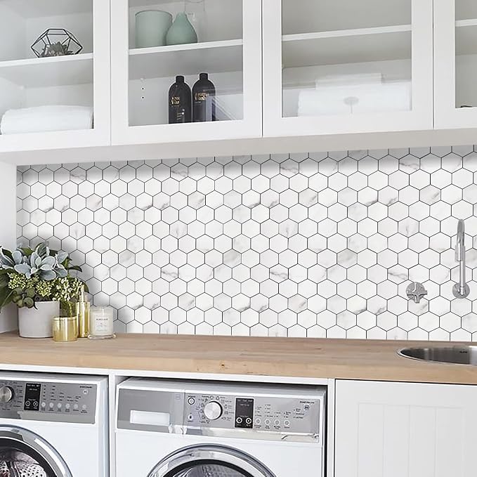 STICKGOO Peel and Stick Backsplash for Kitchen, Self-Adhesive Tile Hexagon Mosaic Tiles (10 Sheets, White Marble )