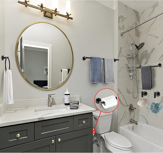 6 Pieces Matte Black Bathroom Hardware Accessories Set Hand Towel Ring 16&23.6 inch Round Towel Bar Silver Toilet Paper Holder Towel Hooks 2 Pieces SUS 304 Stainless Steel,Heavy Duty,Wall Mounted