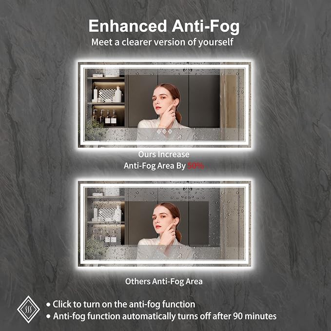 LED Bathroom Mirror with Lights, 72x36 Inch Gradient Front and Backlight LED Mirror, 3 Colors Dimmable CRI>90 Double Light, IP54 Enhanced Anti-Fog, Hanging Plates Wall Mount Bathroom Mirror