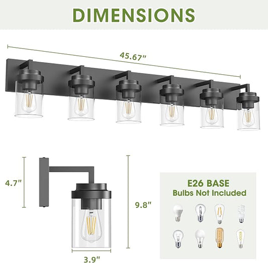 Bathroom Vanity Light, 6 Light Bathroom Light Fixtures Over Mirror, Black Vanity Lights with Clear Glass Shade, Modern Bathroom Light Fixtures for Bedroom, Hallway