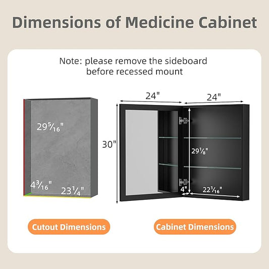 24x30 Inch Medicine Cabinet with Mirror, Aluminum Medicine Cabinet, Tempered Beveled Edge Mirror Single Door, Adjustable Shelves, Surface or Recessed Mount Bathroom Mirrors with Storage, Black