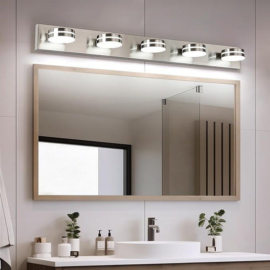 Brushed Nickel Bathroom Light Fixtures Over Mirror, 5-Light Bathroom Vanity Light, LED Dimmable Bath Lights, Modern Dimmable Vanity Lighting with Rotating Lamp Head, 5500K
