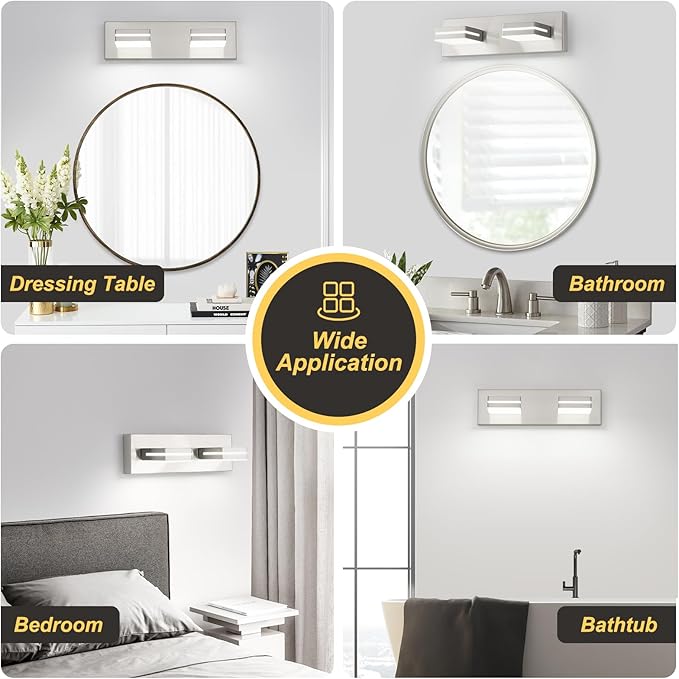 2 Light Bathroom Vanity Light Brushed Nickel Modern 16W LED Dimmable Vanity Light Over Mirror 350° Adjustable Lamp Head Cold White 6000K ETL Listed 15.5Inch