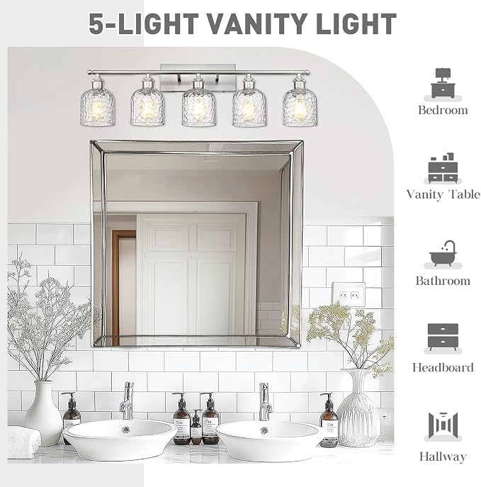 zeyu Modern Brushed Nickel Bathroom Lights Fixture, 35 Inch 5 Light Vanity Lighting Over Mirror, Brushed Nickel Finish with Clear Hammered Glass, ZJF63B-5W BN
