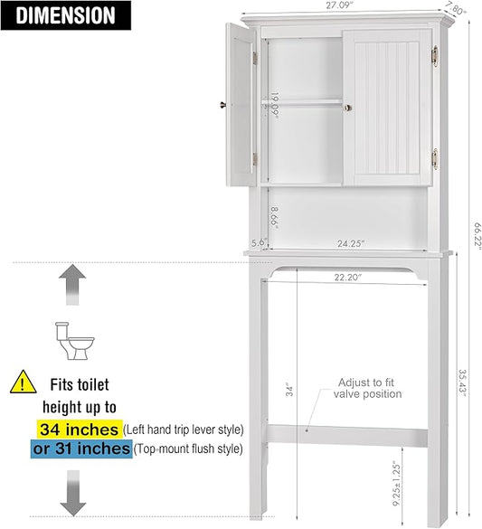 UTEX Over The Toilet Storage Cabinet, White Bathroom Organizer with Doors | FSC-Certified MDF, Adjustable Shelves, Anti-Tip Bracket, 34'' Toilet Clearance, Hidden & Open Storage for Toiletries, Towels