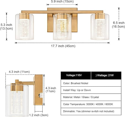 SineRise 3-Light Gold Vanity Light with 3 Color Modes (3000K/4000K/6000K), Eye Protection LED Bathroom Light Fixture, Dimmable Modern Wall Light Over Mirror with Clear Glass Shade