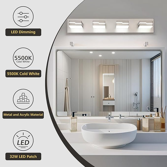 LED Modern Bathroom Vanity Light Fixtures 4-Light, 25.5 inch Dimmable Nickel Vanity Lights for Bathroom Lighting Fixtures Over Mirror, with 350°Rotatable Acrylic Heads(White Light 5500K)