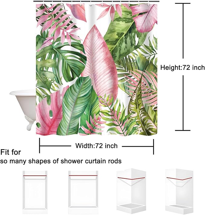 Botanical Shower Curtain Tropical Green Pink Leaves Watercolor Bathroom Curtain with Hooks, Waterproof Fabric 72 x 72 Inch