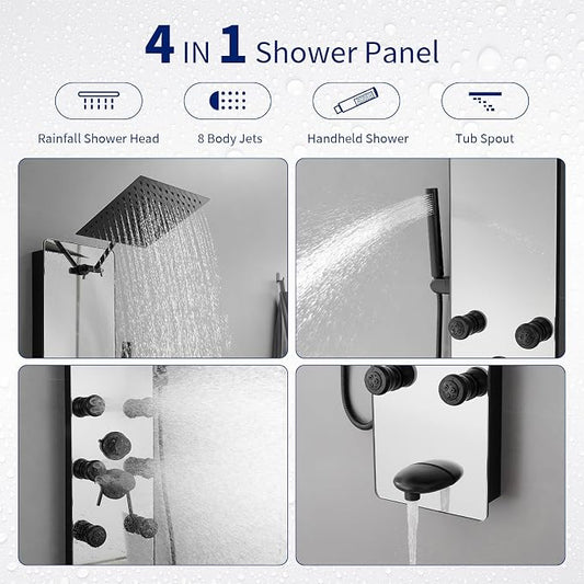 BWE Stainless Steel Shower Panel Tower System Black Split Type | Multi-Function Tempered Glass Shower Panel Rainfall Shower Head Sprayer 8-Massage Jets with Tub Spout Hand Shower