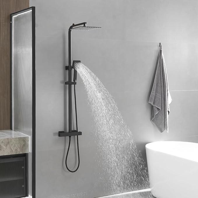 BWE Black Outdoor Shower Fixtures 10 Inch Rain Shower Head with Handheld Spray Dual Functions Exposed Shower System Wall Mount Outdoor Shower Kit for Bathroom or Backyard