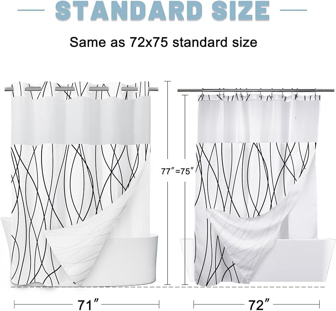 Black White No Hook Shower Curtain with Liner, 71 x 77 Inch | Stripe Pattern,Waterproof,Quick Dry,Mesh Top Window,Bottom Magnets,Hotel Style,Machine Washable,Modern,for Bathroom