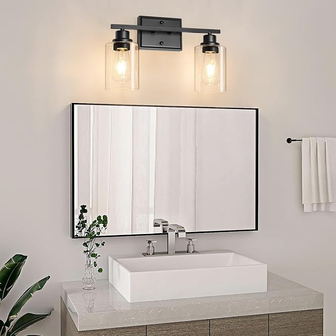 2 Light Bathroom Light Fixtures, Modern Vanity Lights Over Mirror, Black Wall Lamp with Clear Glass for Living Room Cabinet Bedroom Porch