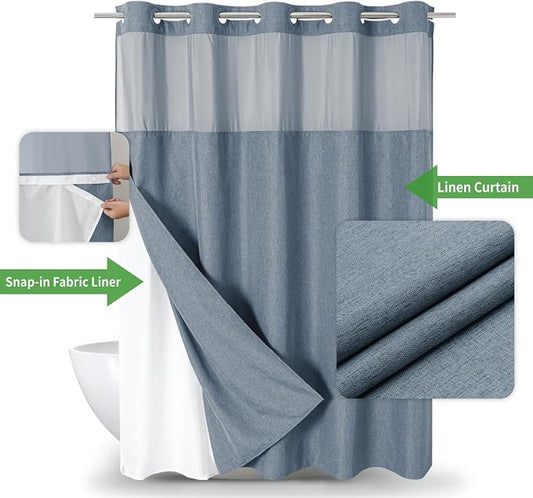 eachope No Hook Fabric Shower Curtain with Snap-in Liner,71x74 Blue Grey | Linen Texture,230GSM Thick Fabric,Hotel Luxury Decor,Mesh Window,Bottom magnetic ,Waterproof & Machine Washable,for Bathroom