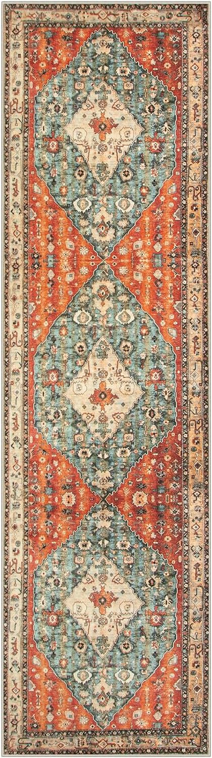 Lahome Felice Boho Tribal 2x8 Washable Kitchen Runner Rug, Soft Rug Runners for Hallways Non Slip, Vintage Oriental Indoor Throw Bathroom Carpet Runner for Entryway Bedroom (Rust/Dull Teal,2x8ft)