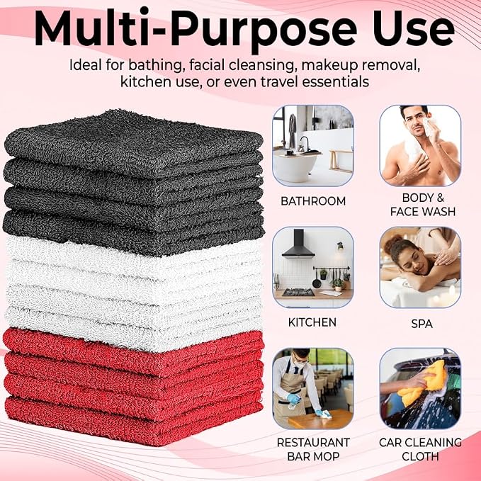 QUBA LINEN 100% Cotton Washcloth Set – Soft, Absorbent Face Towels for Bathroom & Gym Use – Durable & Reusable Wash Cloths - Dark Grey, White & Burgundy, 12x12 Inches, Pack of 12