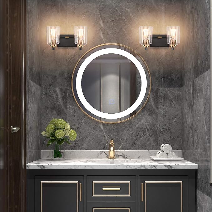 SOLFART Vintage Bathroom Vanity Light Black Bathroom Light fixtures Over Mirror Metal with Clear Glass Brass Fixtures Wall Mount Wall Lighting Sconce (2 Lights)