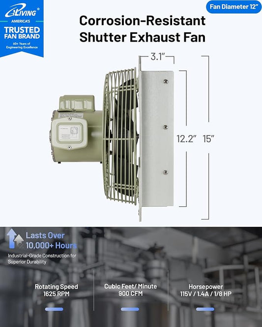 iLiving 12-Inch Corrosion Resistance Shutter Exhaust Fan, Single Speed