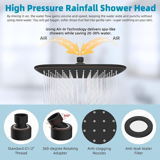 Rain Shower Head with 12" Metal Extension Arm, 10" High-Pressure Showerhead | Oil Rubbed Bronze, Boosting Rainfall/Fixed Showerhead, Shower Head Extender Adjustable Height/Angle, 1-Min Easy to Install