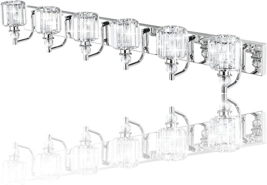 Ralbay Crystal Vanity Lights 6 Light 48" Modern Crystal Bathroom Lights Fixtures Over Long Mirror Stainless Steel Chrome Vanity Light for Bathroom Wall Lights Fixtures